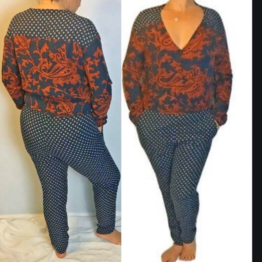 H&M blue wine print long sleeves taper jumpsuit 4